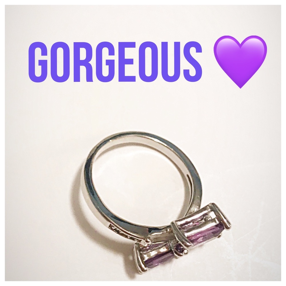 Simulated Amethyst & CZ Baguette 925 Silver Ring - Picture 6 of 10